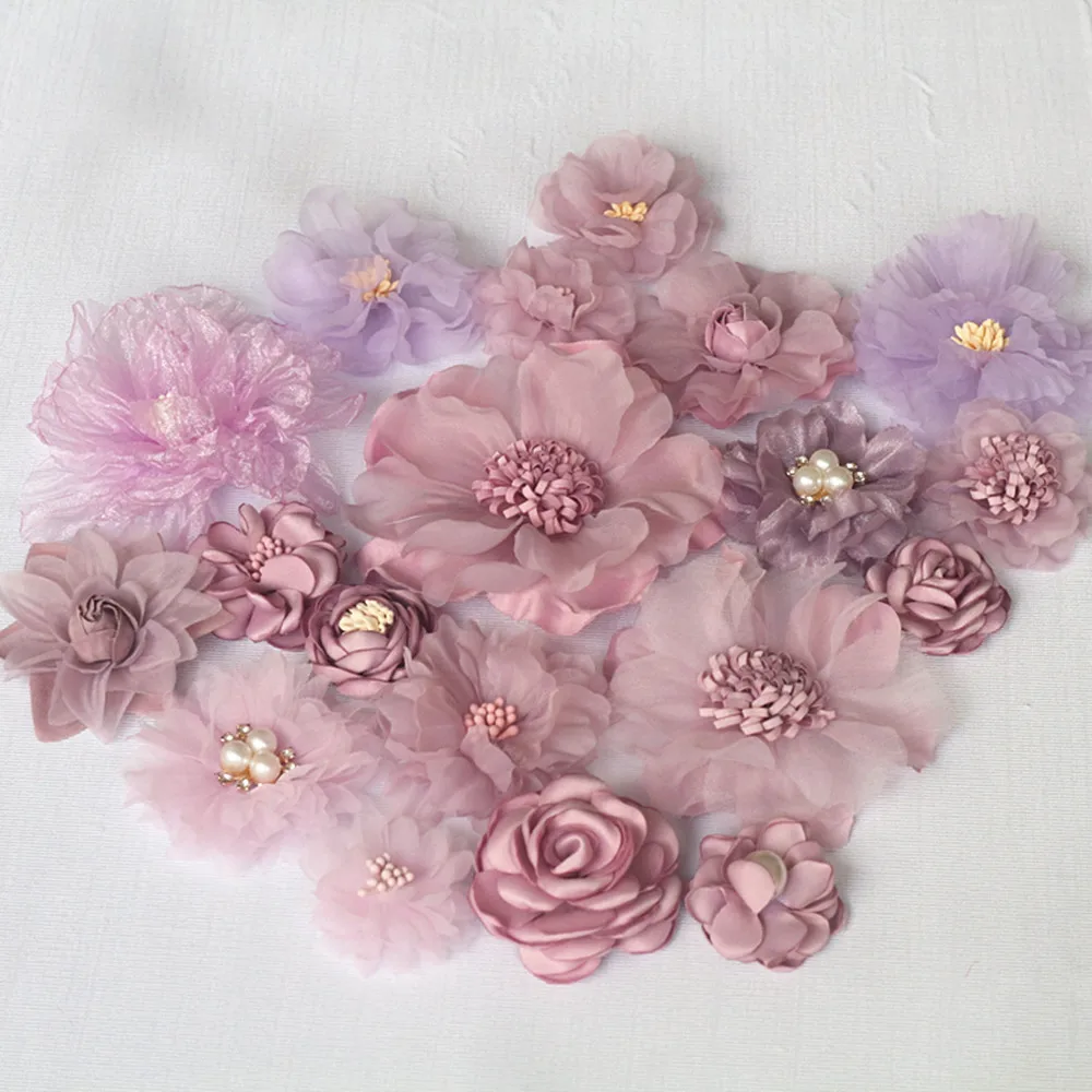 20Pcs Set Purple Series Mix 20 Styles Chiffon Organza Fabric Rose Flowers Wedding Dress Girls Clothing Headwear Decoration DIY