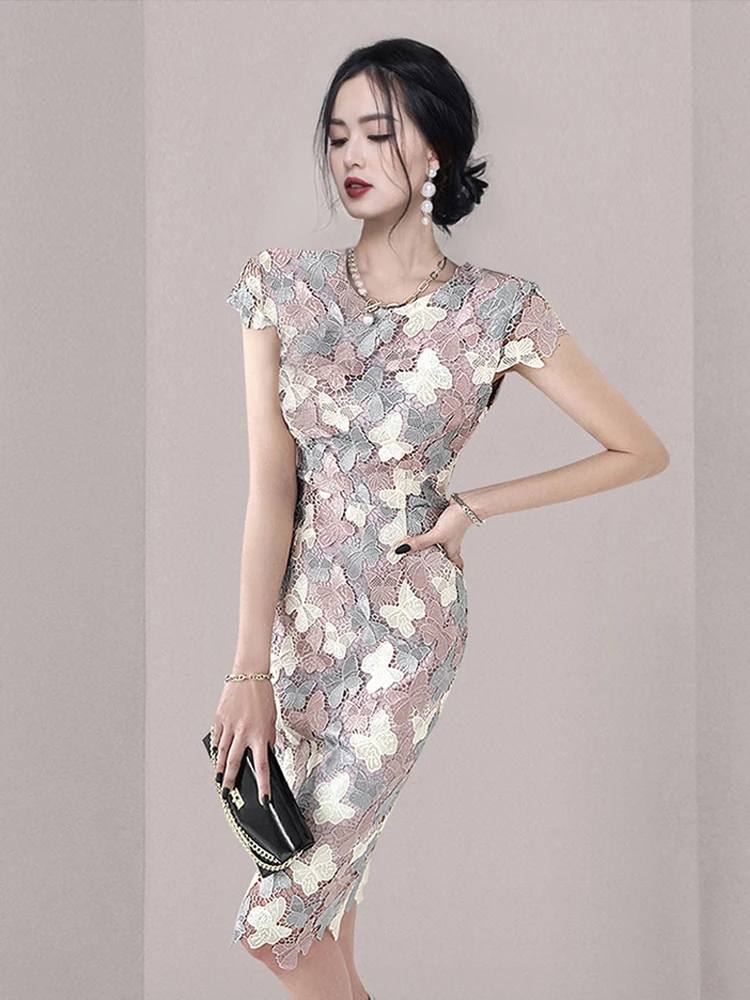 

TPJB New Summer Elegant Chic Lace Dresses Women Korean Retro Vestidos Fashion Color Blocking Office Party Casual Dress