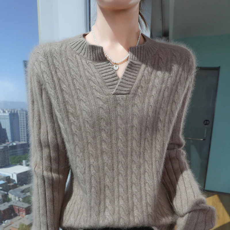 

Women's Clothing 100% Mink Cashmere Autumn Winter Thickened Pullover Fashion Fried Dough Twists Round Neck Knitting Sweater