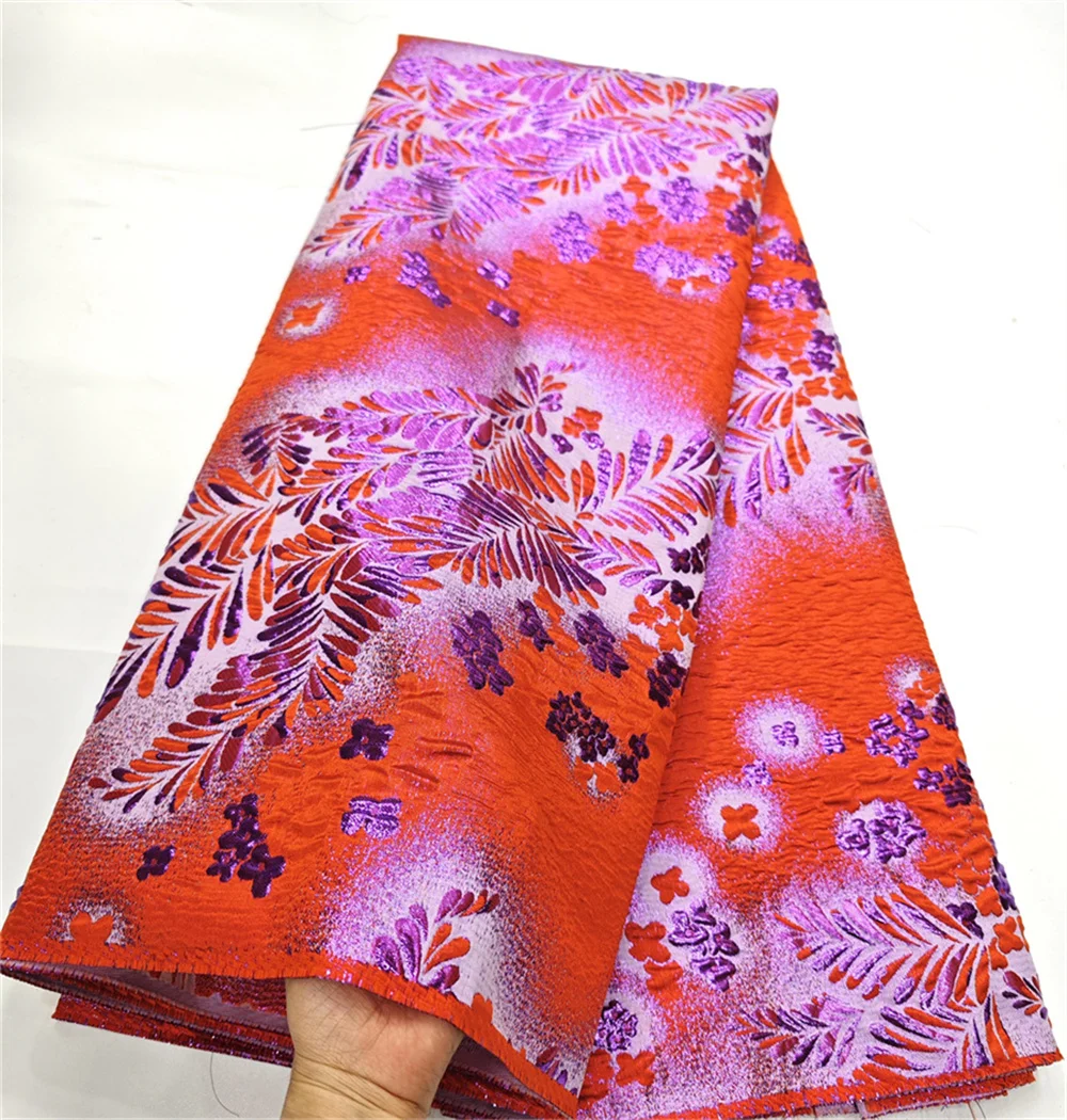 Orange African Brocade Jacquard Fabric Floral Damask Material Nigerian Gilding Lace Cloth Brocard Tissu 5 Yards Africain DJB72