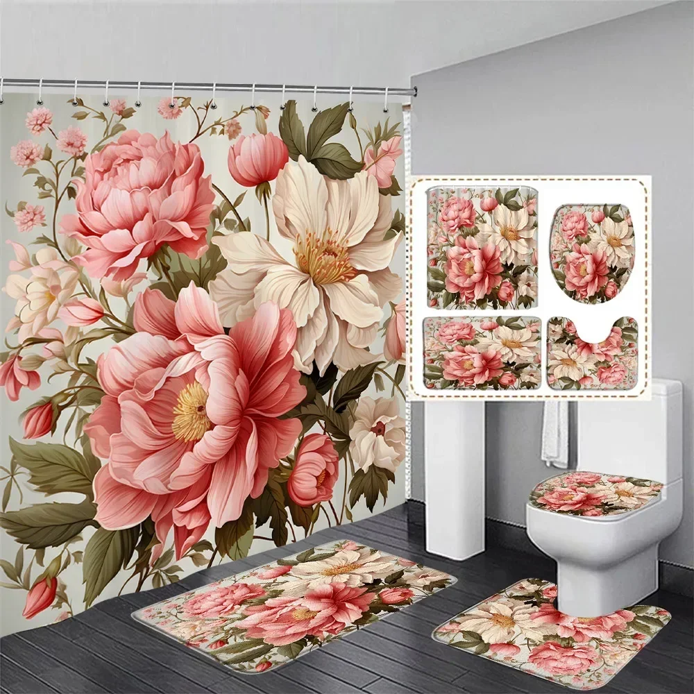 Fashion Pearl Floral Shower Curtain Set Grey Black Geometric Stripe Curtains With Bath Mat Toilet Lid Cover Bathroom Decoration