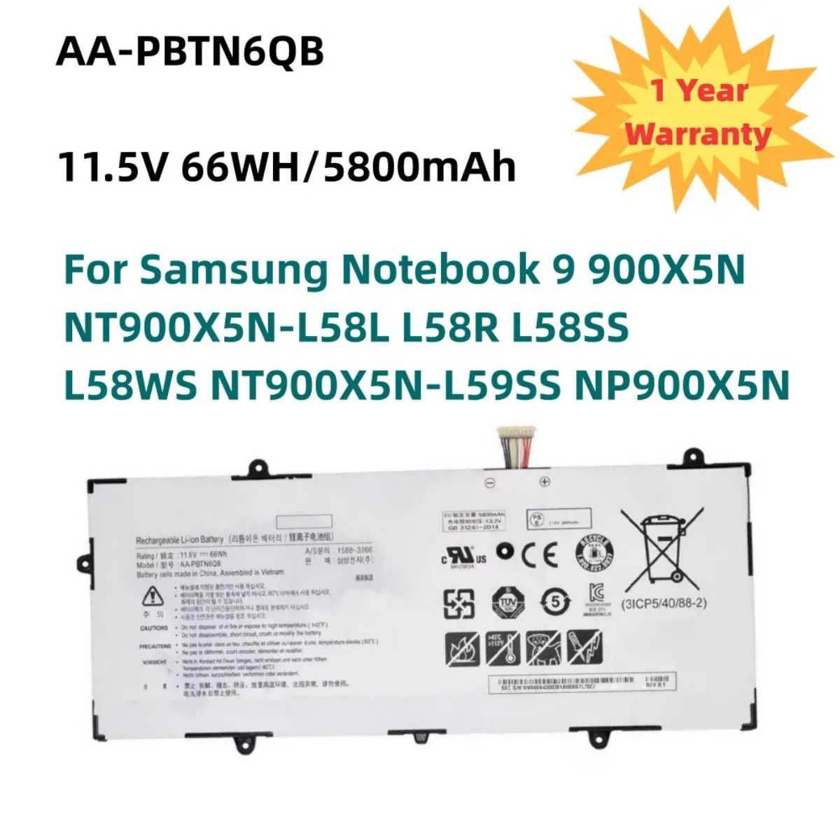 

11.5V 66Wh AA-PBTN6QB Laptop Battery For Samsung Notebook 9 900X5N NT900X5N-L58L L58R L58SS L58WS NT900X5N-L59SS NP900X5N