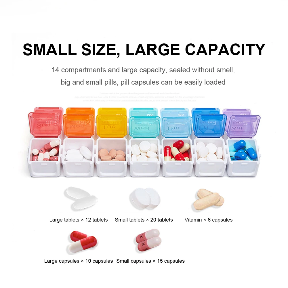 Pilulier hebdomadaire 14 compartiments, boîte à pilules avec minuterie, rappel, alarme, étui à pilules quotidien pour pilules/vitamine/huile de poisson/suppléments