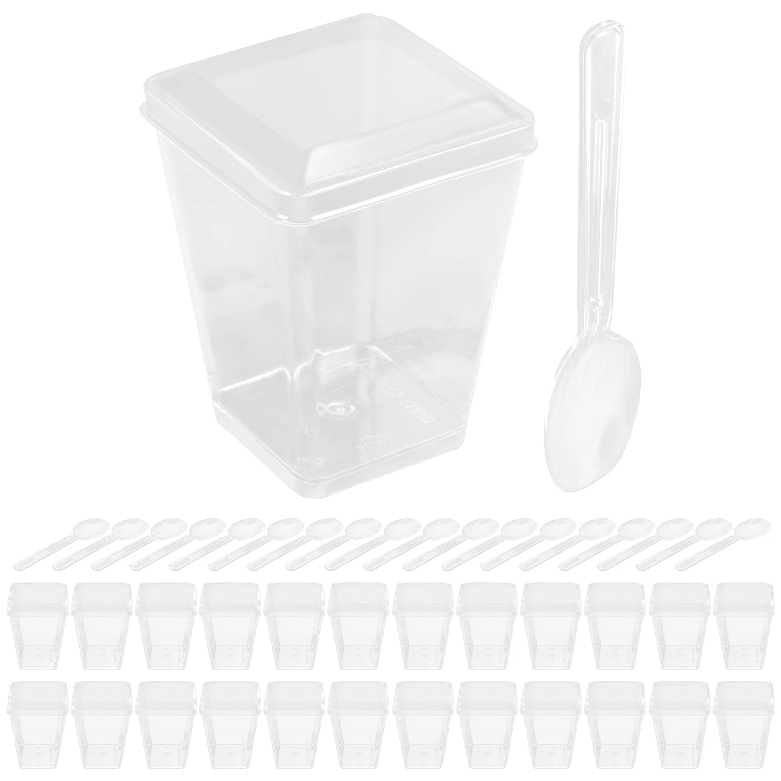 

50 Sets Plastic Dessert Cups Practical Clear with Lids Flat Spoon Included Desserts