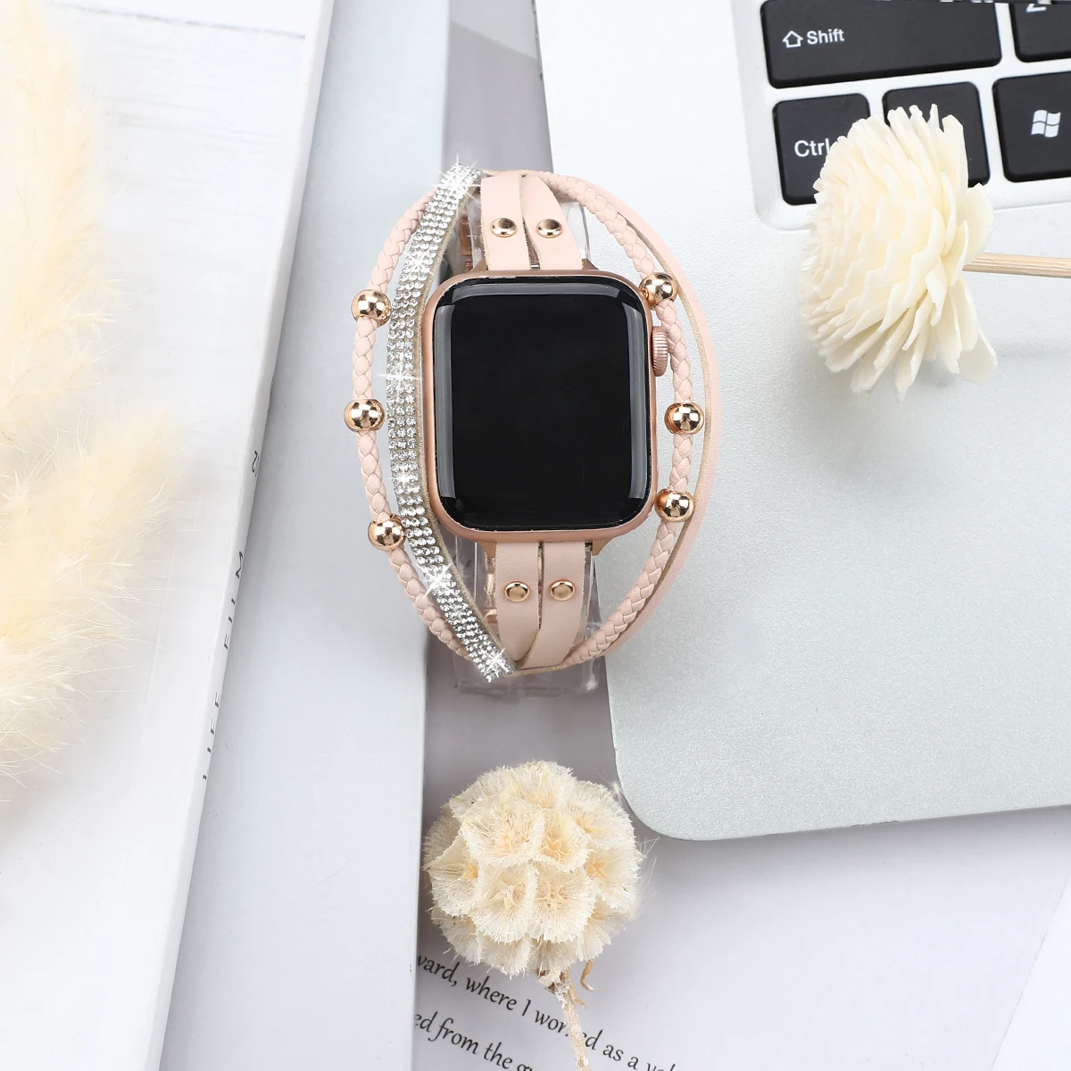 Leather strap compatible with Apple Watch 38mm 40mm 41mm 42mm 44mm 45mm 49mm series 9/8/7/6/5/4/3/2/1/SE leather bracelet band