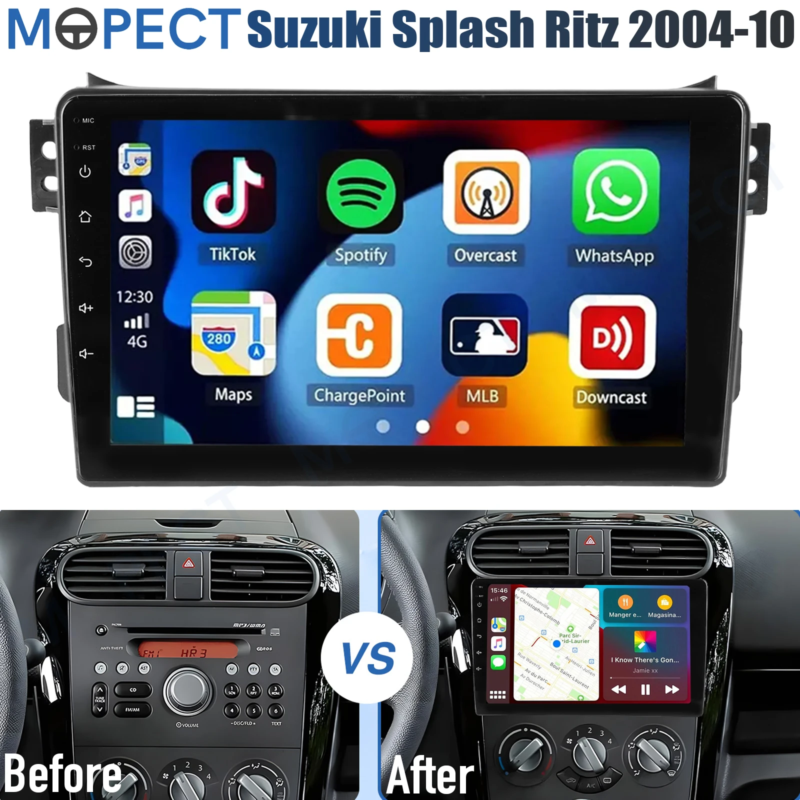 MOPECT 9" autoradio Android 15 voor Suzuki Splash Ritz 2004-2010 4+64G AM/FM WiFi CarPlay GPS navigatie head unit BT+DVR&camera
