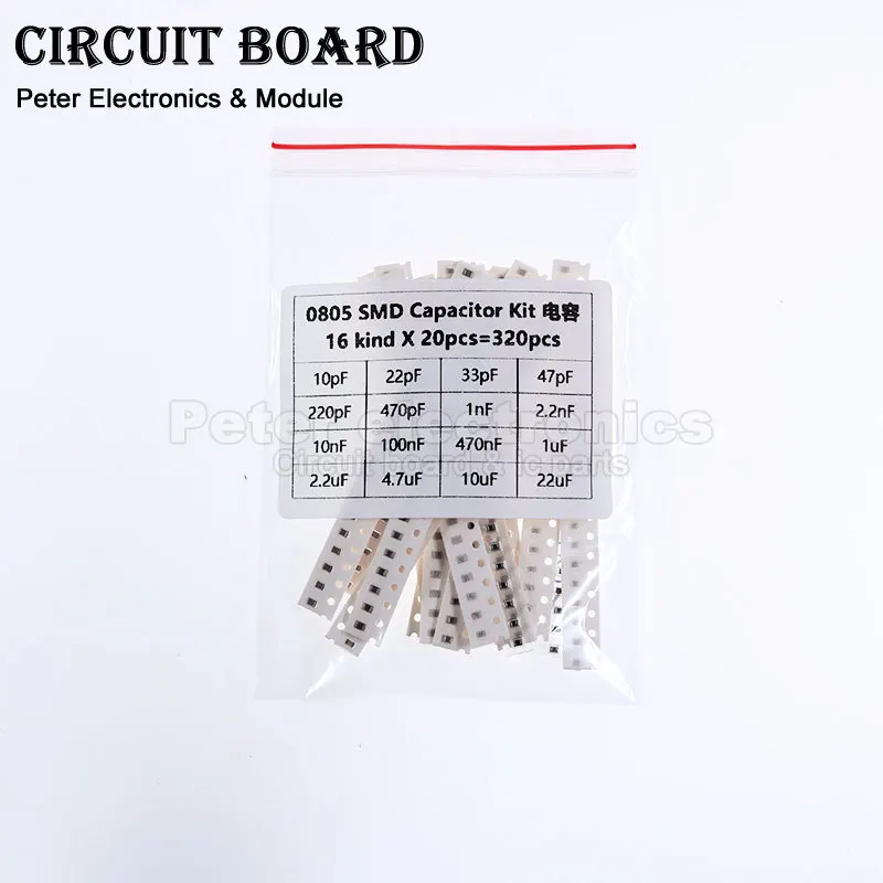 Assorted Capacitor Kit, Electronic DIY Amostras Set, SMD, 10pF ~ 22uF, 16 Valores, 20Pcs, 0805, 320Pcs = 16 Valores