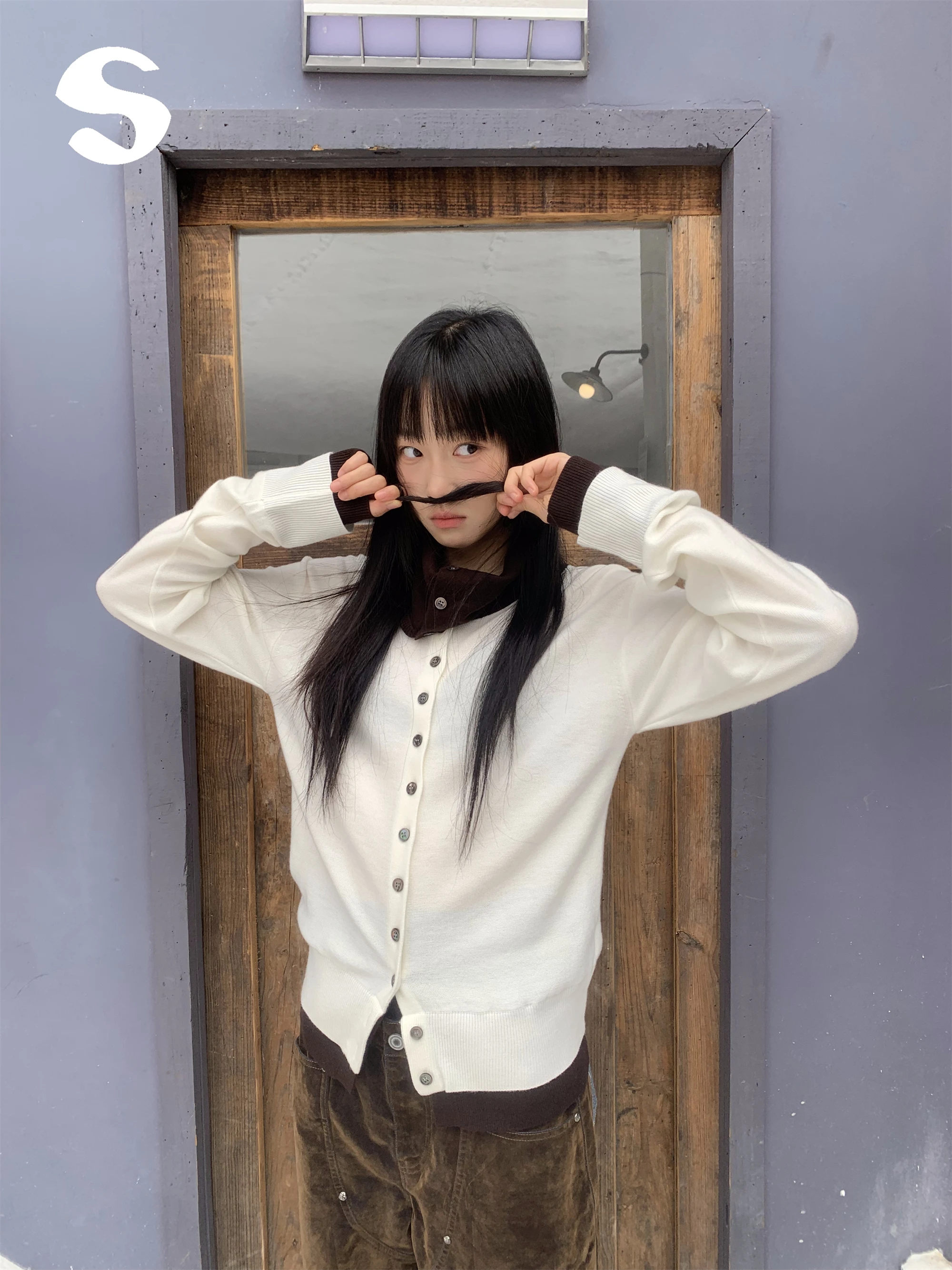 

Корейский вязаный свитер с длинным рукавом и воротником, имитация двухслойности, женский топ, облегающий, удобный трикотаж