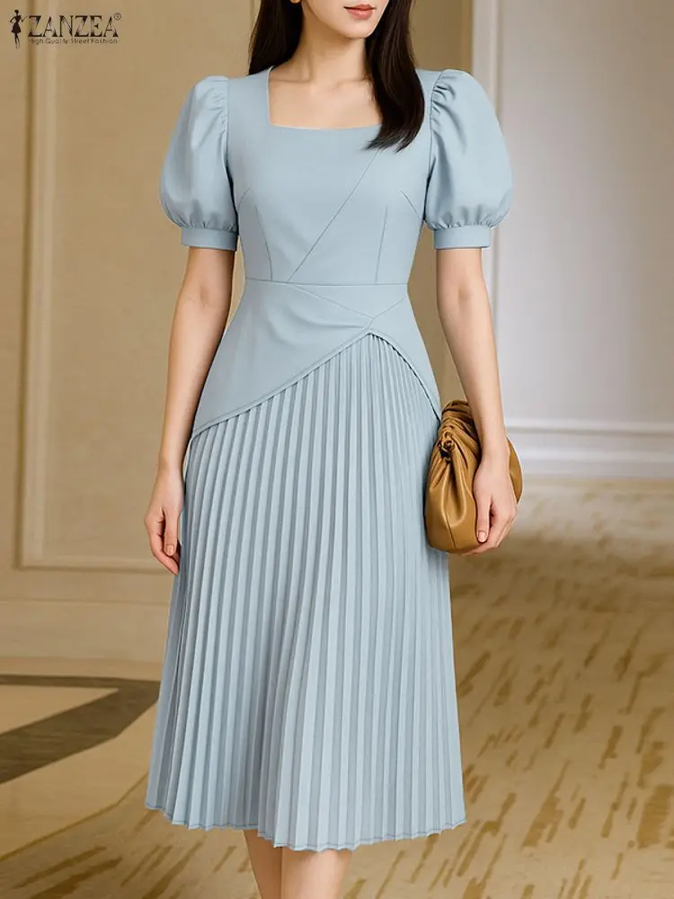 

ZANZEA Elegant Chic Women's Pleated Dresses Fashion Square Neck Short Puff Sleeve Asymmetric Design A-Line Midi Dress Commuting