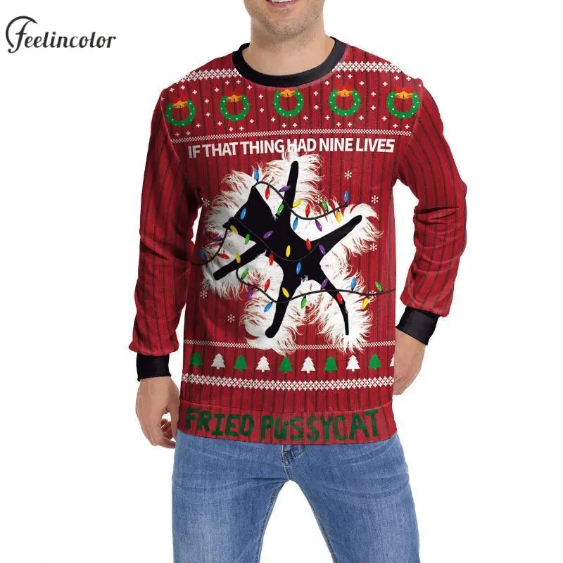 Gingerbread Man Ugly Christmas Sweatshirt for Men Reindeer Print Autumn Hoodies Santa Claus Graphic Pullover Casual Male Clothes