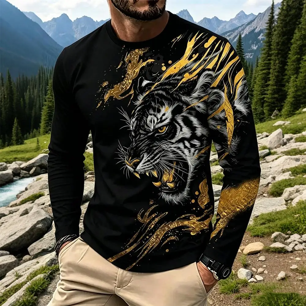 

Gold Fierce Tiger 3D Print Long Sleeve T-Shirt Streetwear O-Neck Casual Base Layer Shirt Men Hip Hop Fashion Animal Graphic Tee