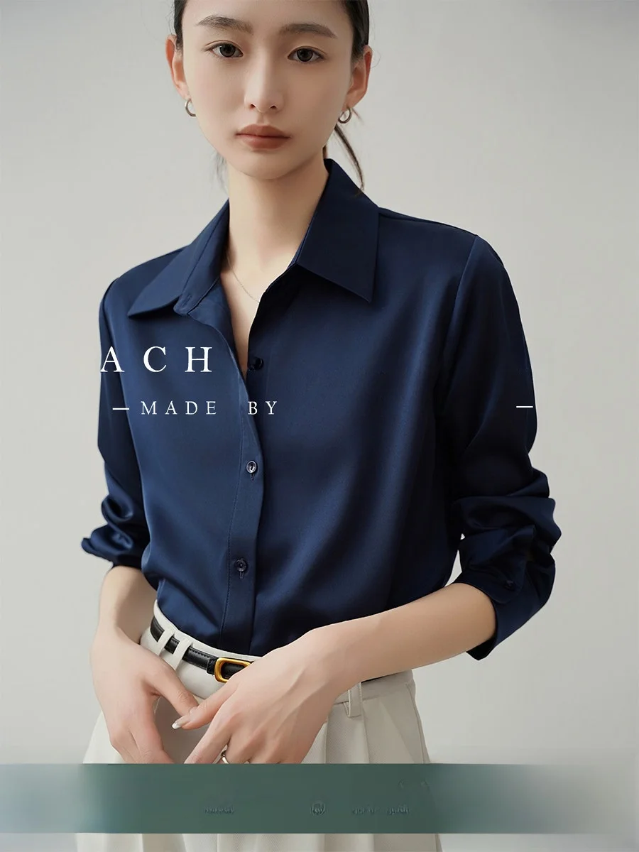 

Deep Blue Satin Women's irt Profional Commute Sle Long Sve Button up Casual Ele Color Blo Office Lady Top