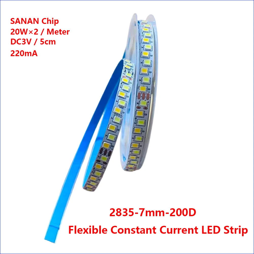 Highlight 2835-200D-7mm 5B10C×2 220mA SANAN Chip Flexible Constant Current LED Strip 20W×2/Meter 3colors Work with LED Driver