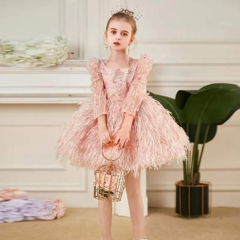 Fashion Baby Girl Princess Sequin Feather Dress Puffy Sleeve Infant Toddler Child Vestido Party Birthday Baby Clothes 12M-14Y