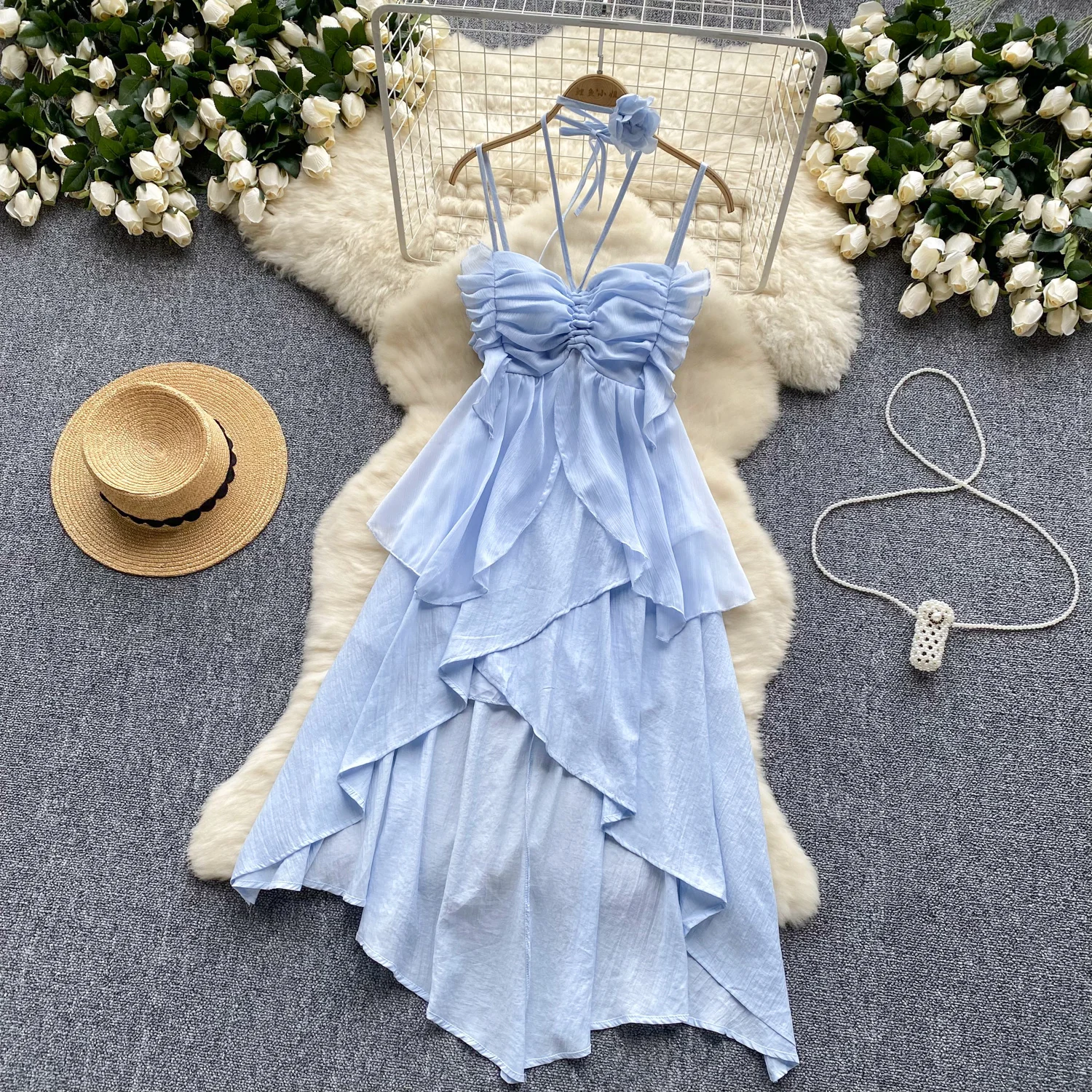 

Elegant Sweet High Waist Pleated Asymmetric Chiffon Slip Dress Vacation Slim Women Party A-line Dresses