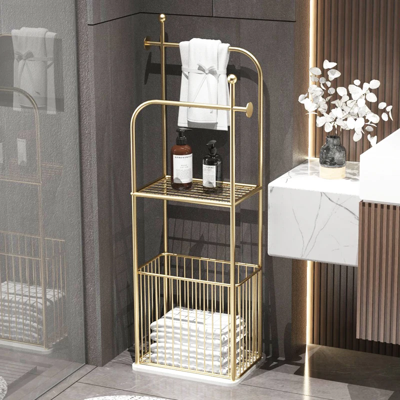 

Light luxury bathroom rack Floor-to-ceiling washstand Iron towel rack Gold non-punching Internet celebrity bathroom shelf