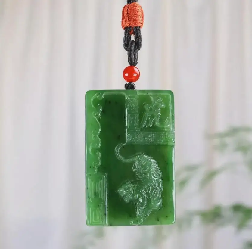 Chinese Natural Green HeTian Jade jadeite Hand-Carved pendant Animal sign Tiger