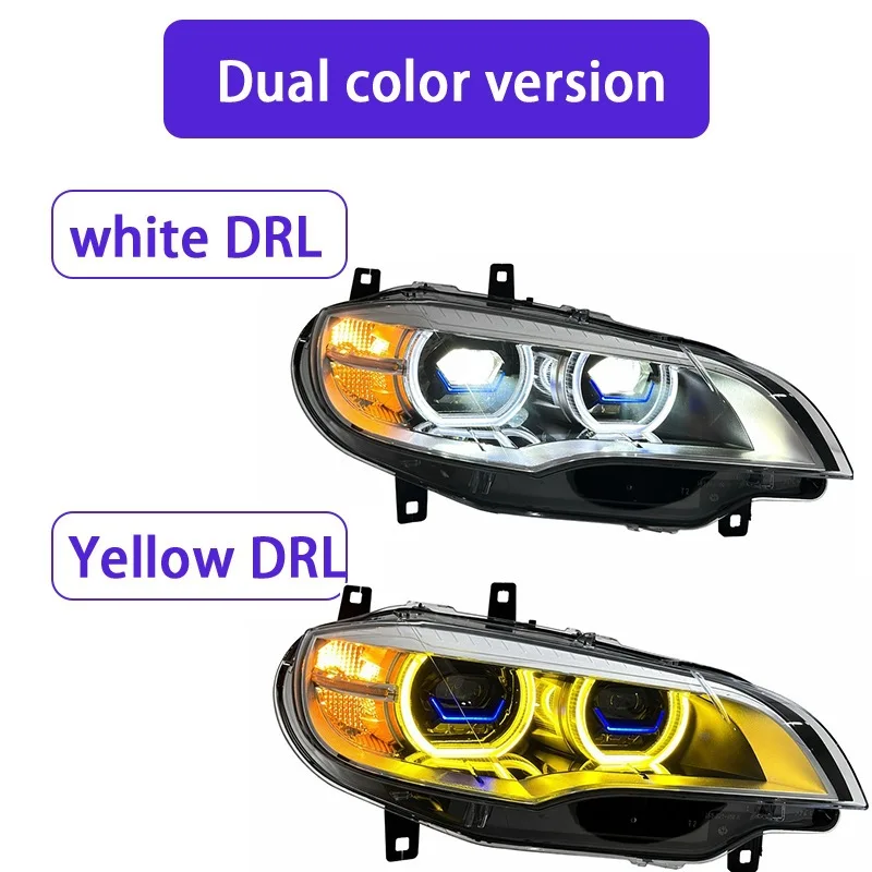 Headlight Assembly for BMW E71 X6 08-14, Low to High Beam, Angel Eyes, Laser Dual Lens, LED Headlights