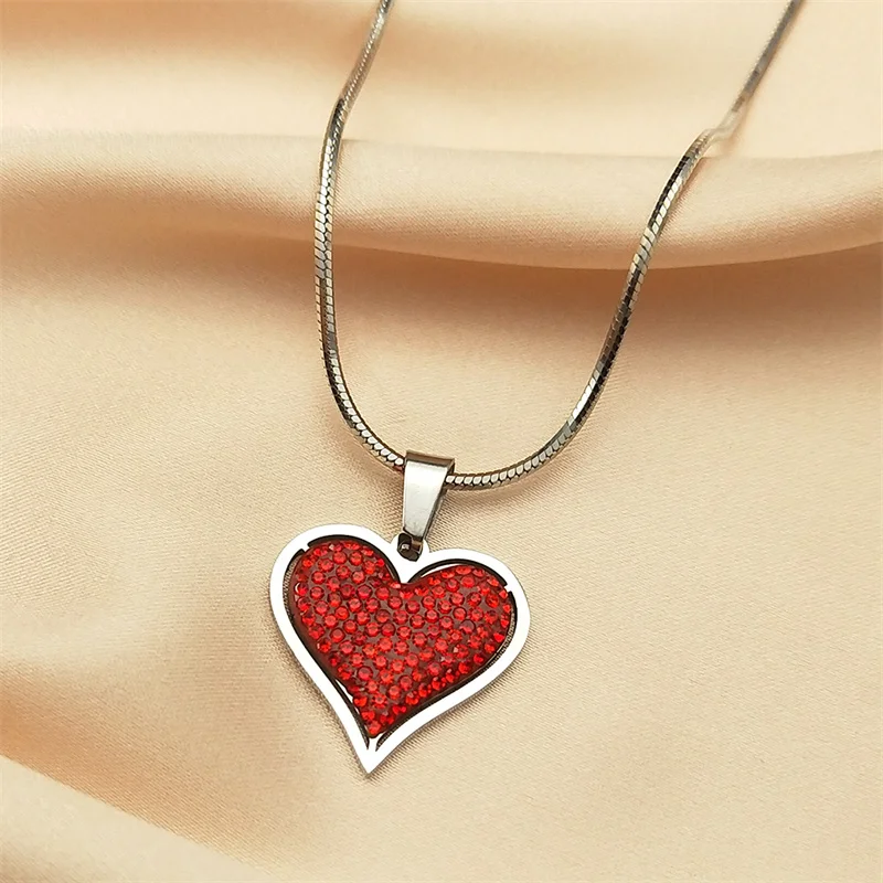 Elegant Red Crystal Love Heart Necklace for Women Girl Stainless Steel Gold Color Exquisite Choker Chain Jewelry 8334-QKC