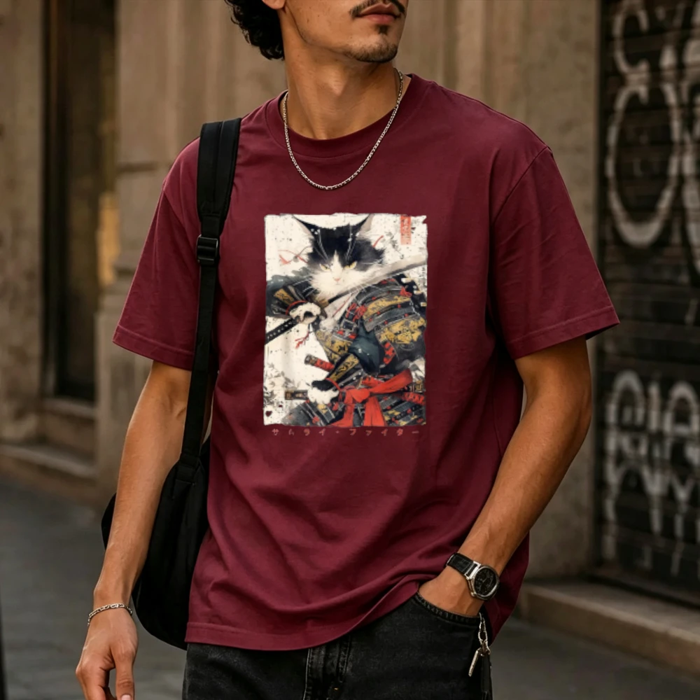 Chinese Ink Wash Samurai Warrior Cat in Armor Retro Japanese Bushido Art Print Men Cotton T Shirt Distressed Frame Casual Tops