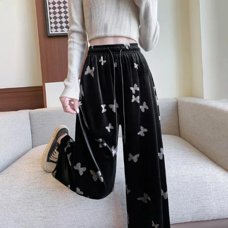 Women Autumn Winter Fashion Tie Dye Pleuche Solid Color High Waist Wide Leg Women Clothes Office Lady All-match Casual Straight