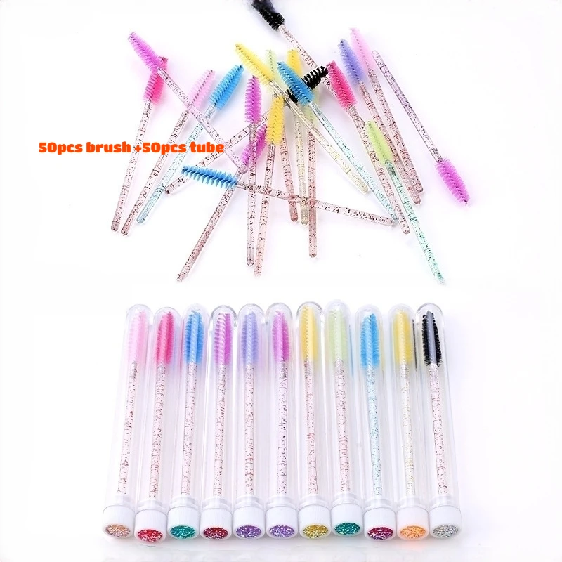 50Pcs Eyelash Brush Tubes With Crystal Lash Mascara Wands Eyebrow Comb Spoolies Container Lash Brush Applicators Makeup Tools