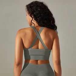 Women Yoga Bra Cross Back Wide Strap Sports Bra Gym Shcokproof Crop Top With Pad High Elastic Fitness Sexy Plunge Neckline Bras