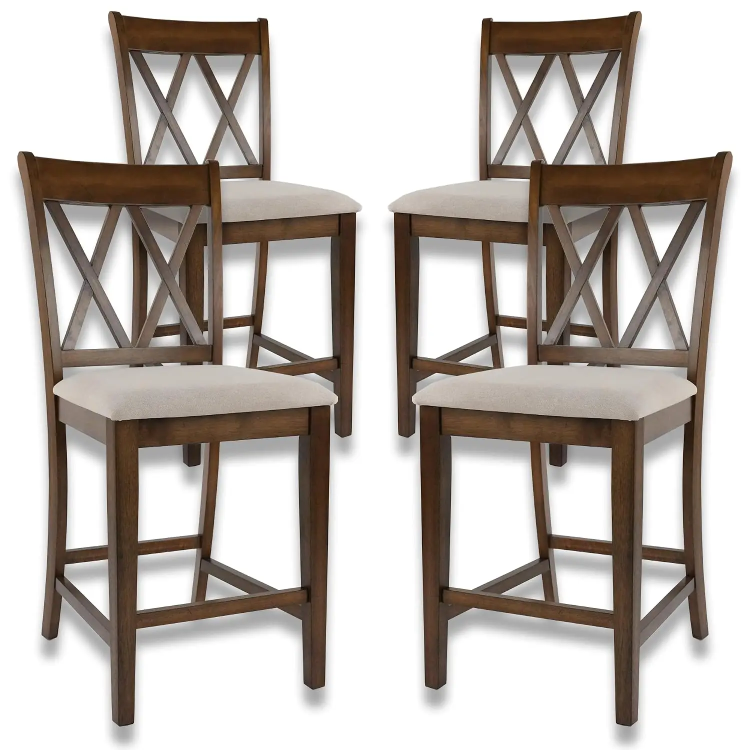 Farmhouse Wood Counter Stools Set of 4 with X Back for Kitchen Island Bar Dining, Walnut Beige, Customized