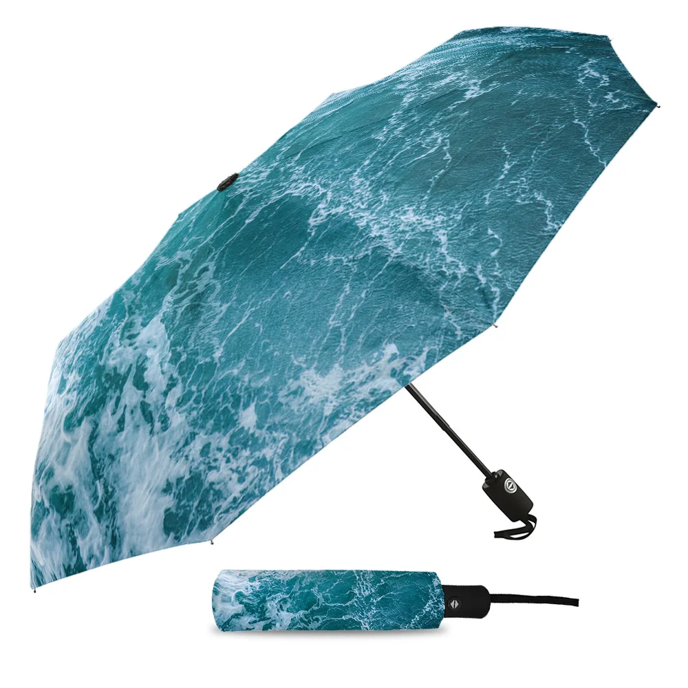 Sea Wave Landscape Automatic Umbrella Men Women Rain Windproof Outdoor Travel Sun Three Folding Umbrellas 8 Ribs Gift Parasol