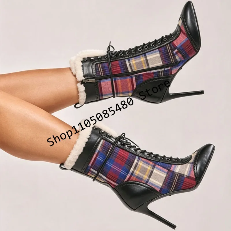 2026 Fashion Ladies Plaid Plush Round-Toe Stiletto Ankle Boots Lace-Up Party Casual Sexy Runway Autumn New Style 44