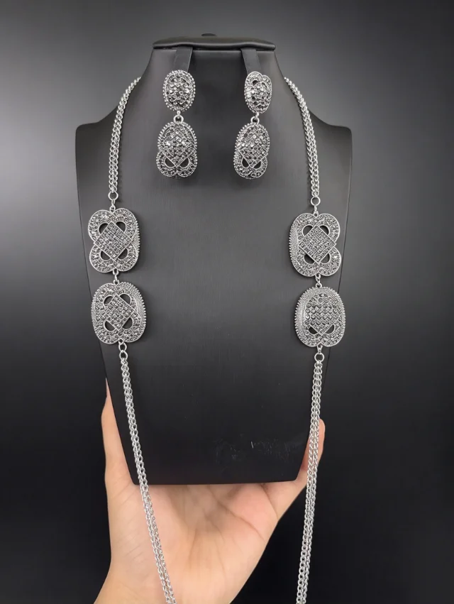 Antique Silver Marcasite Long Link Necklace Dangle Drop Earrings Women Infinity Bowknot Jewelry Sets Wedding Party Gift