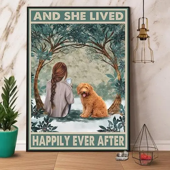 Metal Signs Goldendoodle and She Lived Happily Never After Signs Aluminum Vintage Signs for Home Retro Coffee Bar 8x12