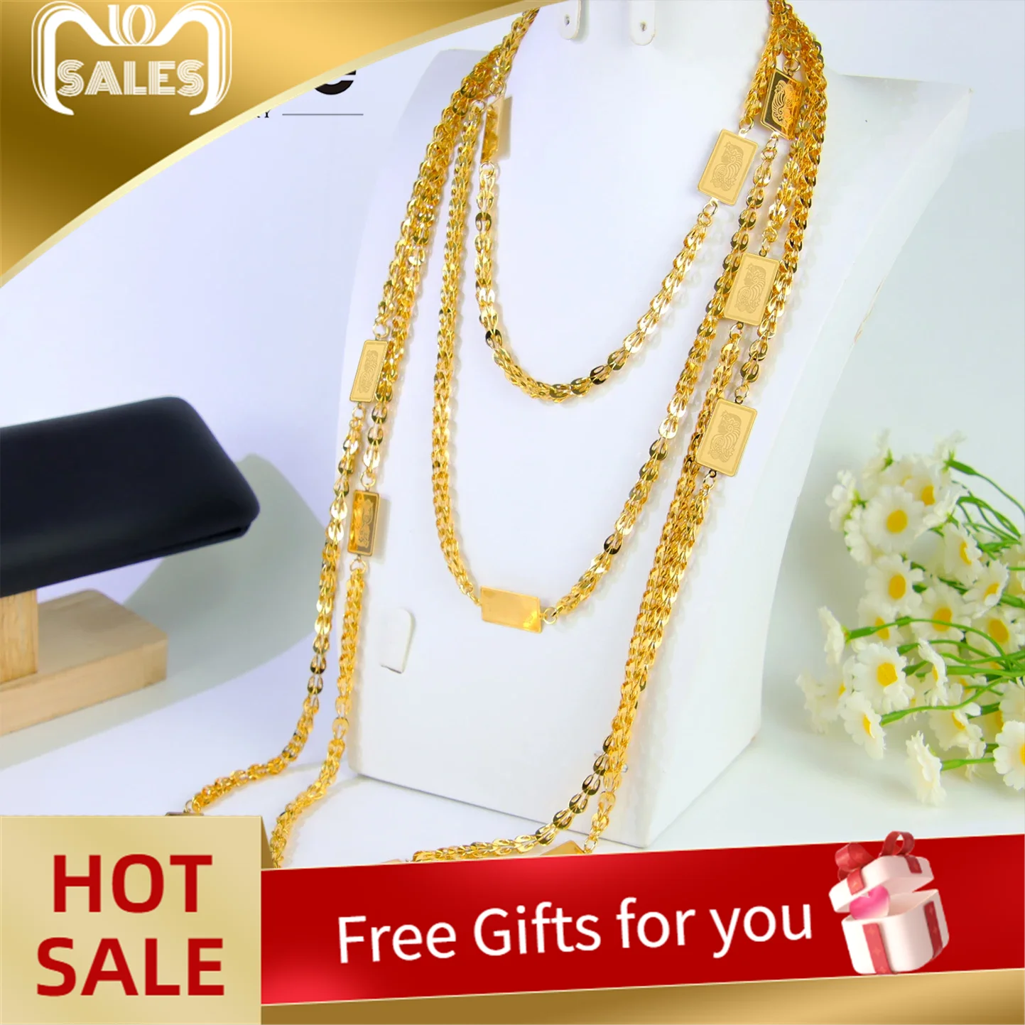 

Luxury Dubai Gold Plated Long Necklace 21k Gold Color 80/160cm Arabic Design Choker Turkish Religion Women Wedding Party Jewelry