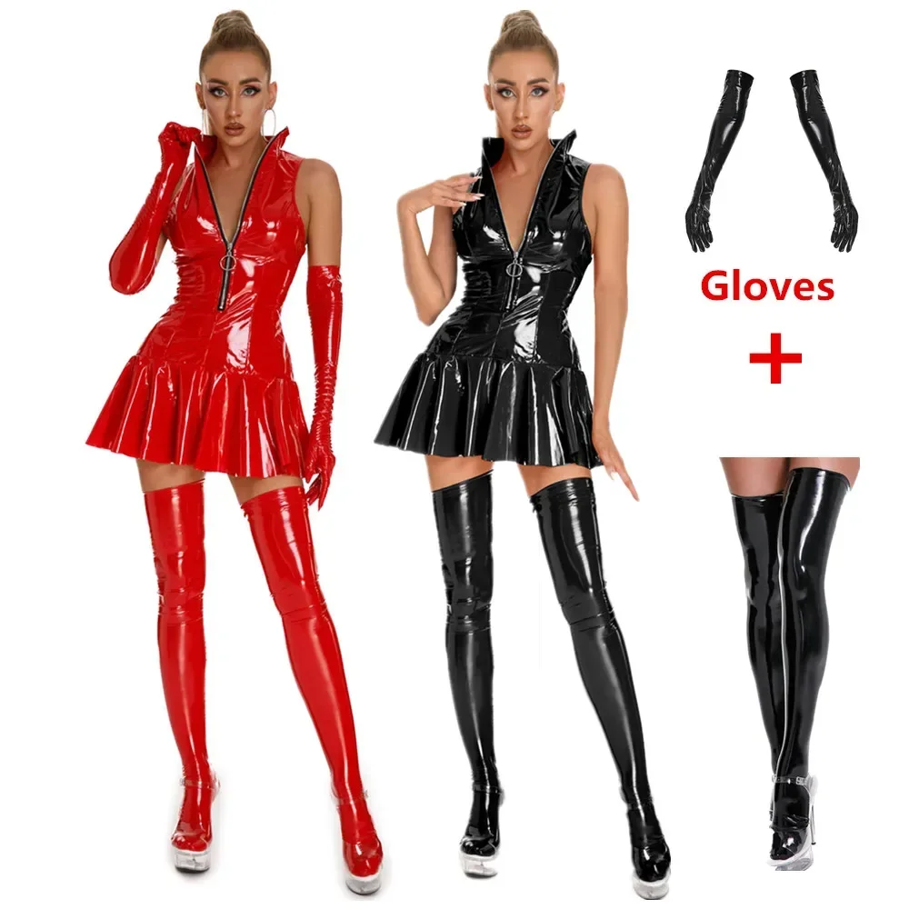 Sexy Glossy Faux Leather Dress Club Party Short Dress Solid Black Red Wet Look Latex Bodycon Pleated Mini Dress