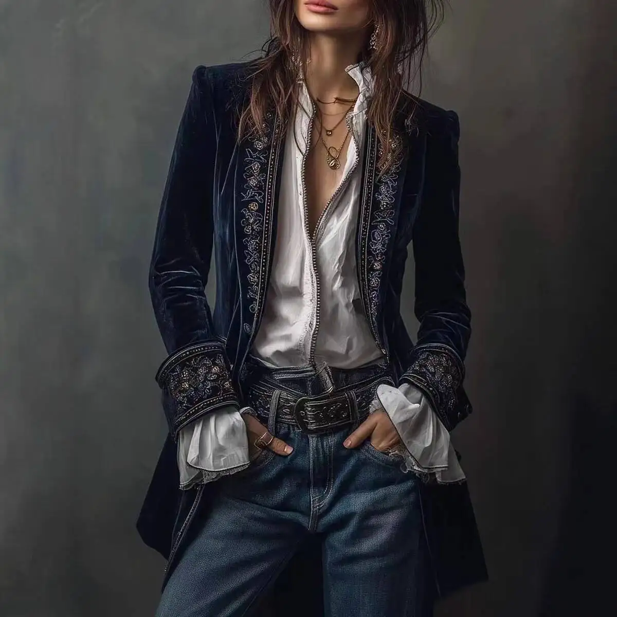 2026 Women's Fashion Long Sleeve Solid Color Patchwork Lace Velvet Jacket Spring Summer