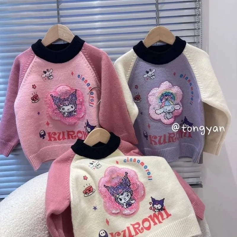 Cinnamoroll-suéter de terciopelo con lentejuelas para niñas, Top de bloque de Color de dibujos animados, ropa occidental Linda para niños, ropa de otoño, nuevo