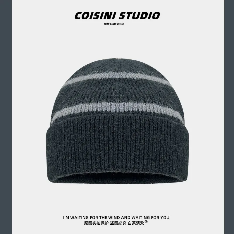 Japanische Retro-Trendmütze mit Streifenmuster, Strickmütze für Herbst und Winter, Outdoor-Wärmemütze mit Ohrenschutz, lässige Beanie-Mütze für Damen – Detail 4
