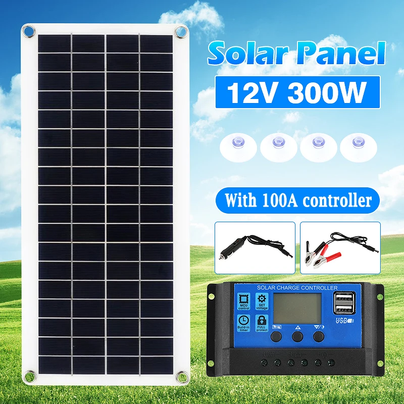 300-W-Solarpanel mit 100-A-Controller, 12 V-18 V, tragbare Outdoor-Stromversorgung, Ladeplatine, Photovoltaik, volles intelligentes Armaturenbrett