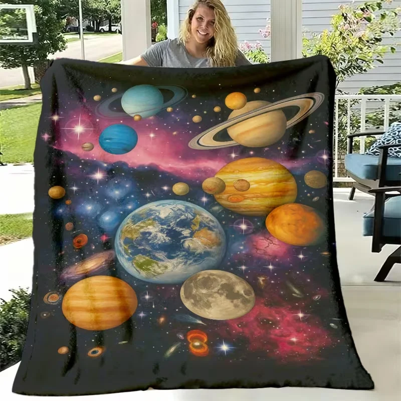 Realistic Solar System Planet Galaxy Blanket Dark Purple Nebula Starry Sky Print Soft Warm Blanket Sofa Bed All Season Use