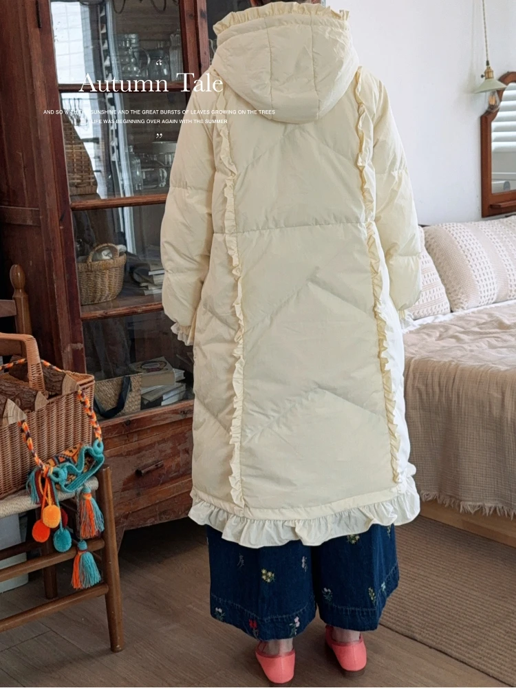116 سنتيمتر التمثال الشتاء أسفل السترات النساء التصميم الأصلي موري الفتيات الحلو أنيقة مطرزة هوديي طويل الأبيض بطة أسفل المعاطف الدافئة