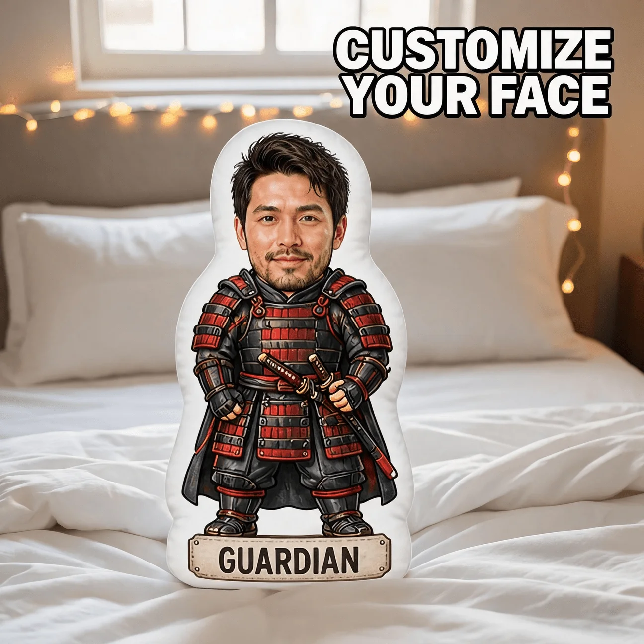 Custom Photo Warrior Shaped Pillow, Personalized Samurai Armor Style Decorative Cushion, Unique Guardian Themed Home Decor Accen