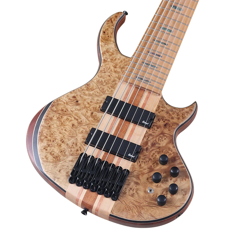 New Design 7 Strings Electric Bass Guitar 43 Inch Acitve Bass Guitar Neck Through Full Okoume Wood Body With Tree Burl Top