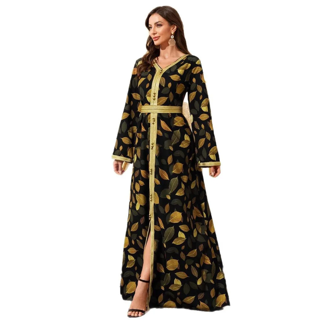 

2026 Women's Robe Fashion V-neck Long Sleeve Printed Dress Dress Dress