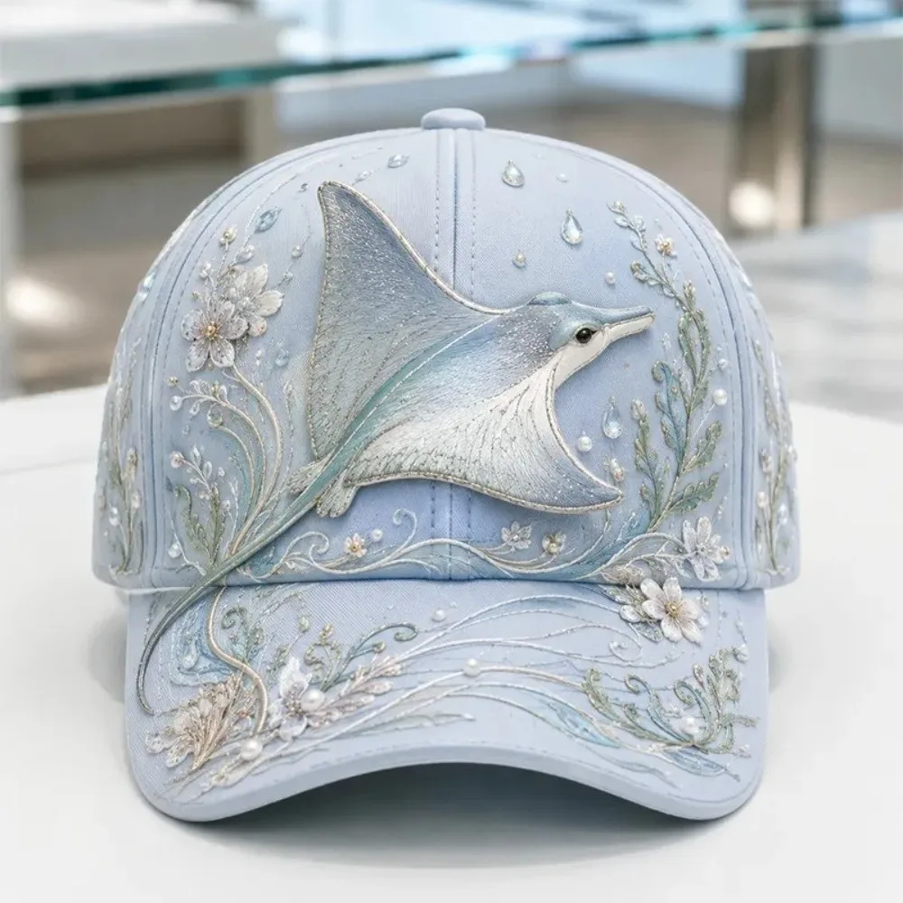 Fashion 3D Ocean Creatures Embroidery Cap Breathable Lightweight Baseball Cap Adjustable Ethnic Style Peaked Cap Outdoor