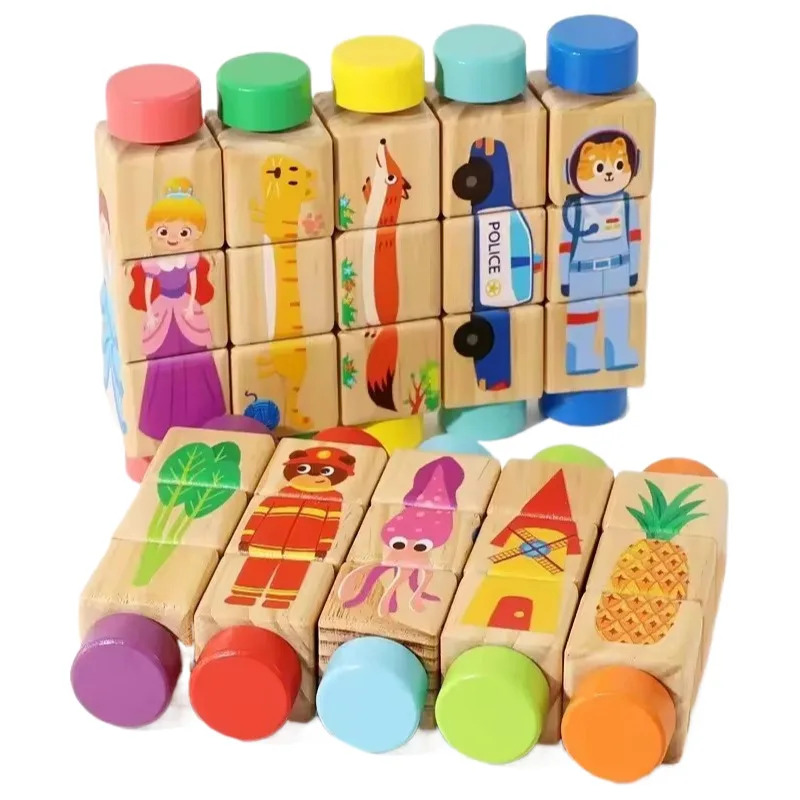 Rotating Wooden Puzzle Cartoon Animal/Fruit/Vehicle Cognition Matching Puzzle Game Montessori Educational Toys for Children