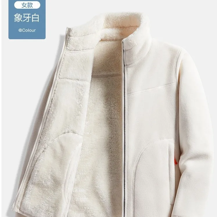 Men Women Double Sided Coral Fleece Jacket Thickened Fleece Lined Outdoor Hooded Sweatshirt Climbing Hiking