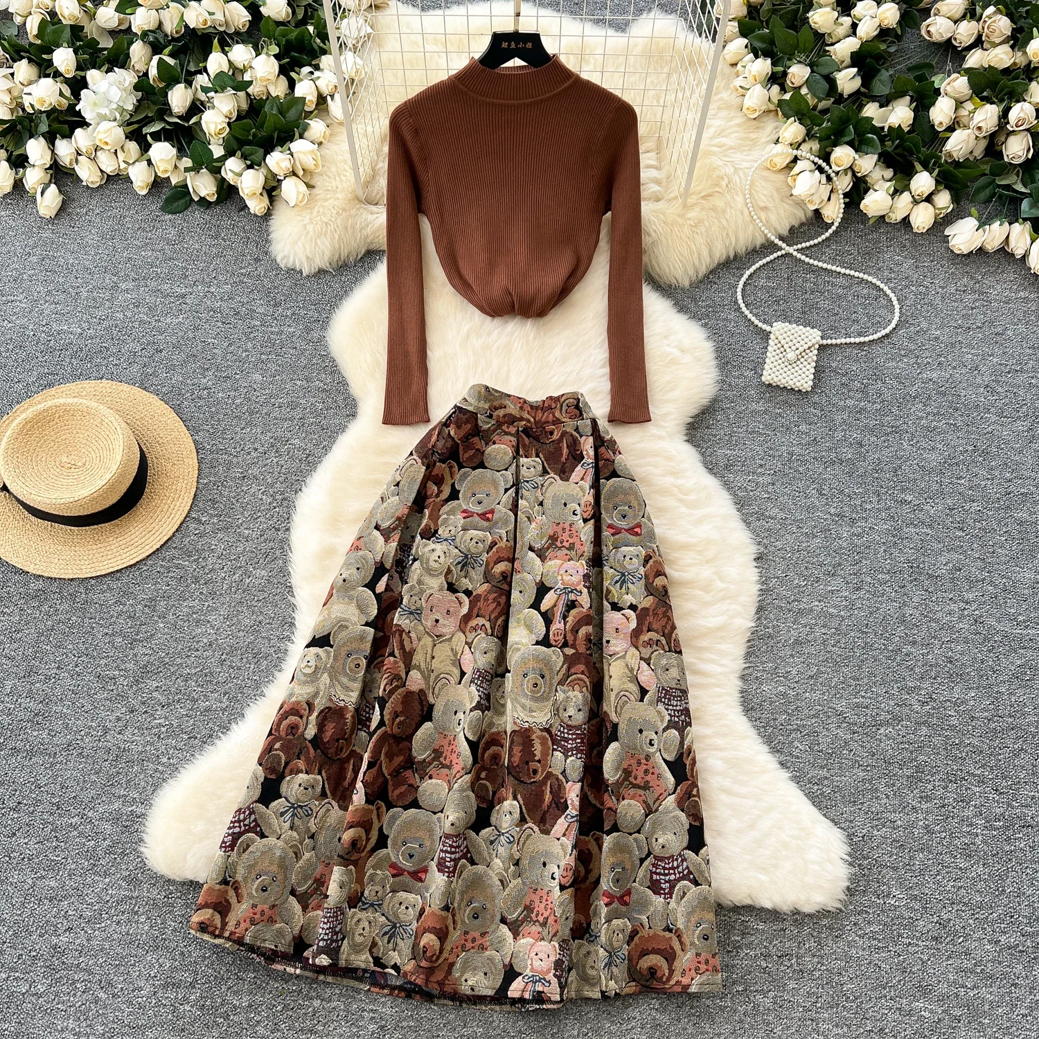 Elegant O-neck Vintage Long Sleeves Chic Knit Top High Waist Little Bear Jacquard Skirt Autumn Winter High Street Two-piece Sets