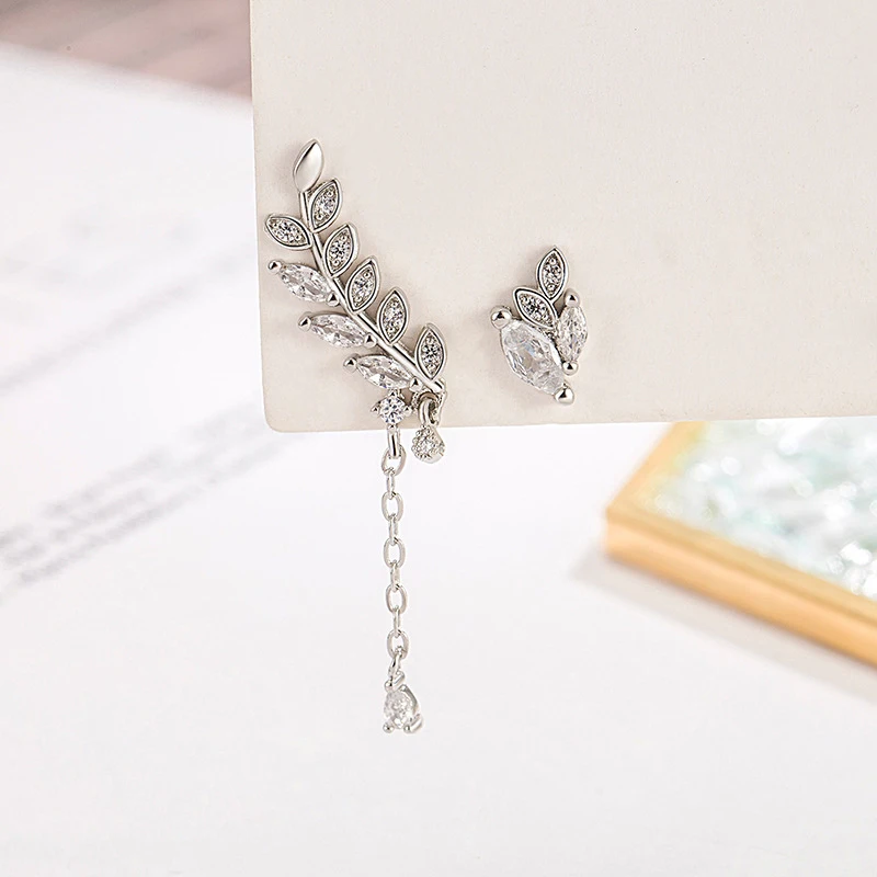 KOFSAC Asymmetry Crystal Leaves Stud Earrings For Women Exquisite 925 Sterling Silver Jewelry Chic Tassel Water Droplets Earring