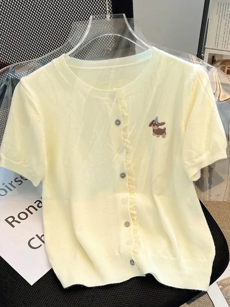 

Женская трикотажная футболка-кардиган с вышивкой Ele ort Sve, лето 2023, новый облегающий топ с креативным дизайном