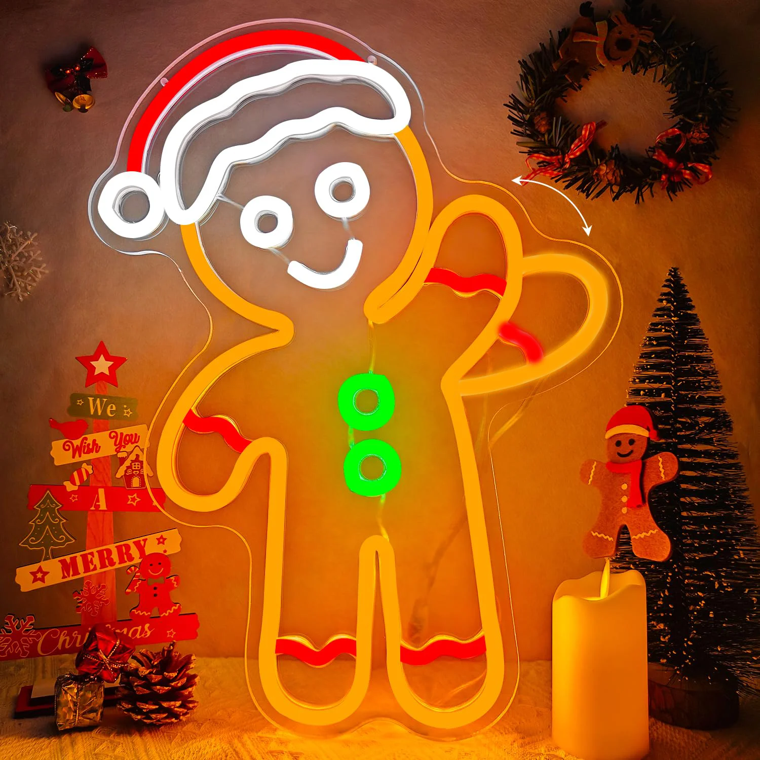 Waving Gingerbread Man Neon Sign Flicker Design for Wall Decor Dimmable Christmas Light Up Sign for Window Home Party Decor